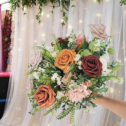 Artificial Fake Flowers 25pcs Roses, Shade of Brown Foam Rose Faux Flower for DIY Wedding Bouquets Bridal Shower Centerpieces Floral Arrangements Party Tables Home Decorations