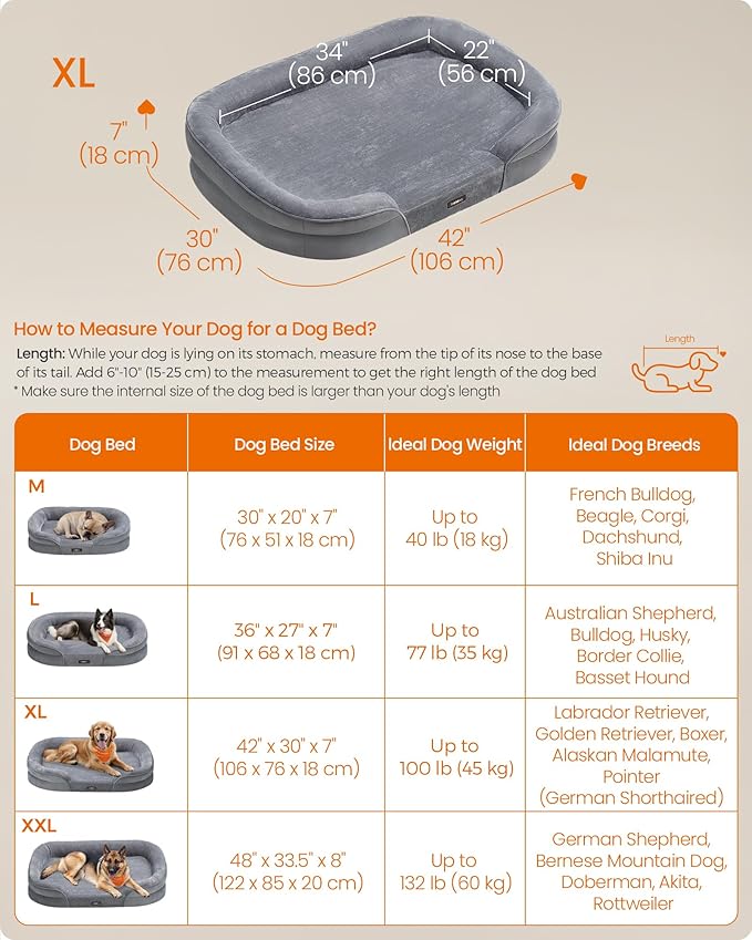 Feandrea Dog Bed, Large Orthopaedic Dog Sofa Bed, 42 x 30 x 7 Inches, Egg Crate Foam, Waterproof Liner, Raised Edges, Removable and Machine Washable Cover, Non-Slip, Light Gray UPGW283G01-Mewly Pet