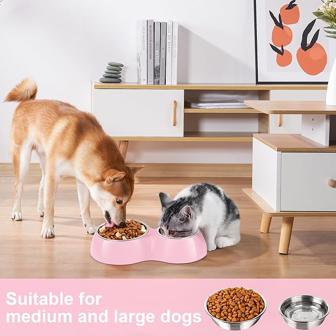 Double Dog Bowls Set – Non-Slip Pet Food & Water Dishes with Resin Stand, Includes Small (1 Cup) & Medium (2 Cups) Bowls – Ideal for Puppies, Cats, and Medium Dogs – Pink-Mewly Pet