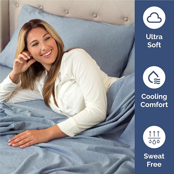 Full 6 Piece Sheet Set - Comfy Breathable & Cooling - Soft Hotel Luxury Bedding Set with 8-16 Inch Deep Pockets - 1 Flat & 1 Fitted Sheet & 4 Pillowcases - Wrinkle Free & Easy Care - Heathered Blue