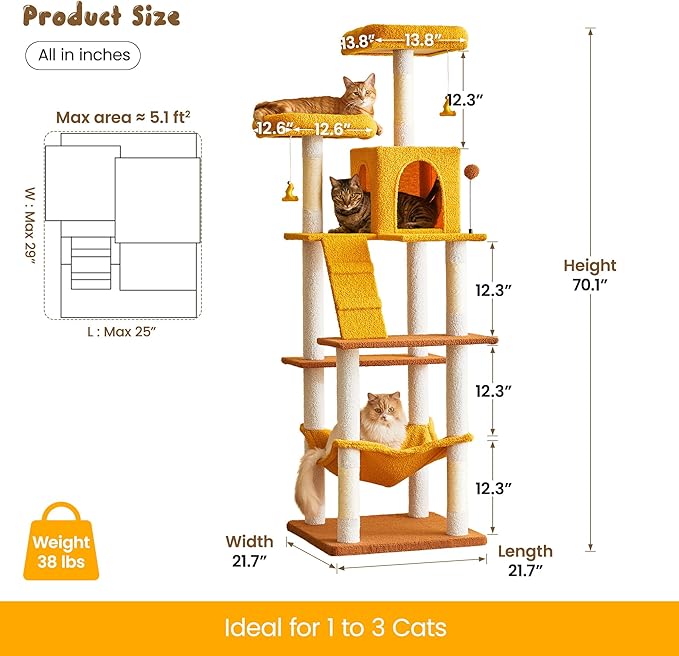 MWPO Cat Tree, 70.1-Inch Tall Cat Tower for Indoor Cats Large Adult, Multi-Level Cat Condo with 5 Scratching Posts, 2 Padded Perches, Hammock, Dangling Toys, Yellow-Mewly Pet