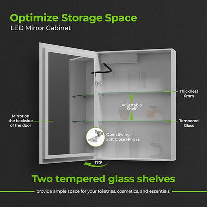 LED Lighted Medicine Cabinet Mirror 20" W x 28" H with 2 Adjustable Glass Shelves, Recessed or Surface Mount Bathroom Wall Cabinet with Touch Sensor, Defogger, Light Color Dimmer (3000-6500K)