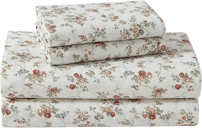Laura Ashley - Flannel Sheets Queen Size, Anti-Pilling & Wrinkle Resistant Cotton, Touchably Soft for All-Season Comfort - Bed Sheets with Matching Pillowcases & Fitted Sheet (Le Fleur Orange)