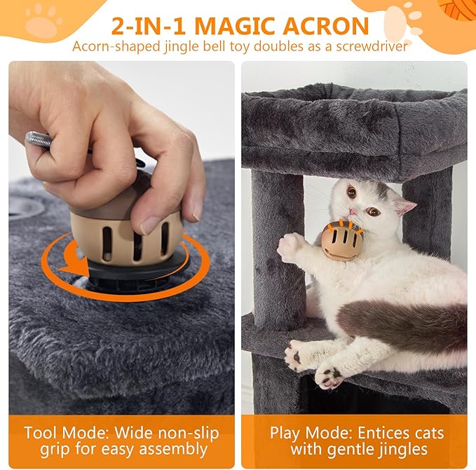 KITTY KINGDOM 65in Large Cat Tree Condo Furniture for Indoor Kitties, Multi-Level Cat Tower with 4 Scratching Posts, Cat Cave, Hammock, Perch & Reinforced Base, Plush Gray-Mewly Pet