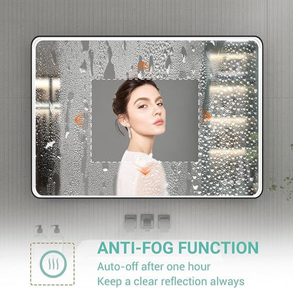 40x28 Inch LED Bathroom Mirror with Lights, Black Metal Framed LED Mirror for Bathroom, 3 Colors and Stepless Dimmable Wall Mounted Lighted Bathroom Vanity Mirror, Anti-Fog, Memory