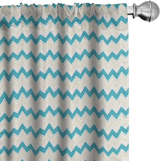 Ambesonne Teal Curtains, Horizontal Zigzag Lines Chevron Triangles Pattern Simple Classical Geometric Design, Window Treatments 2 Panel Set for Living Room Bedroom, Pair of - 28" x 95", Cream Teal
