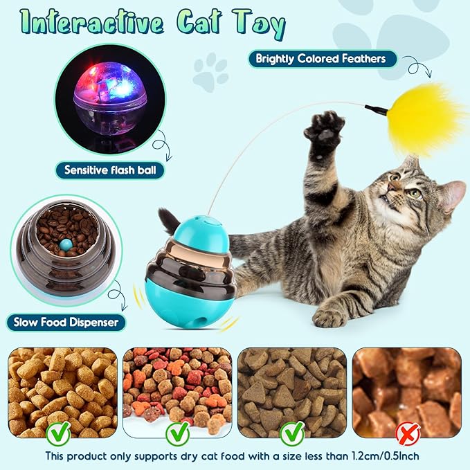 Tumbler Cat Toys for Indoor Bored Cats,Fun Wand Toy and Feather Toys Slow Feeder with Flash Ball,Cat Toys for Indoor Cats to Loss Weight and Exercise Feeding Pet Supplies Birthday Gift (Blue)-Mewly Pet