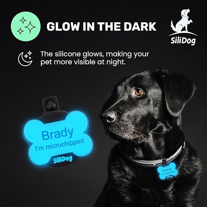SiliDog AirTag Holder Silent Dog ID Tag – Personalized Engraved Silicone Pet Tag – Durable, Glow-in-The-Dark – Blue Bone-Mewly Pet