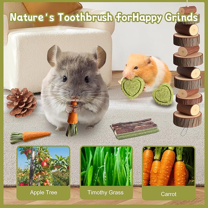 18 PCS Hamster Chew Toys Set, Natural Apple Wood Guinea Pig Toys, Hamster Cage Accessories Include Bridge, Seesaw, Carrot, Timothy Straw Stick Dental Care for Rat Gerbil Chinchilla Rabbits-Mewly Pet