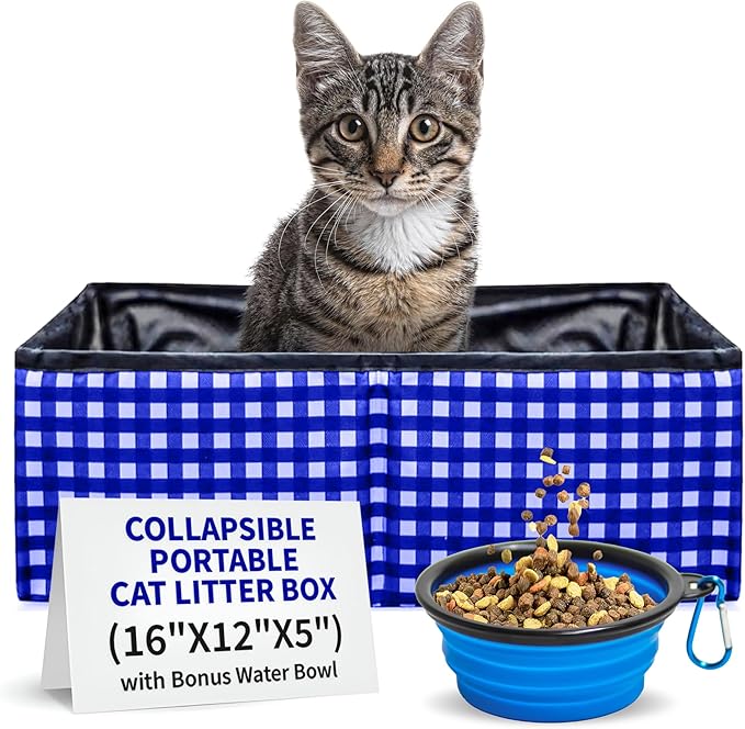 Pet Fit For Life - Vibrant Collapsible Travel Cat Litter Box - Portable, Foldable, Compact Design with Bonus Water Bowl - Ideal for Car & Camping - Reusable, Cats Safe - Blue, (16"x12"x5")-Mewly Pet