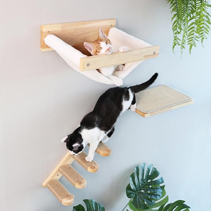 FUKUMARU Cat Wall Furniture, 3 Pack Cats Walls Shelves Set, Solid Rubber Wood Kitten Shelf for Sleeping, Playing, Climbing and Lounging-Mewly Pet