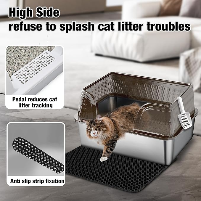 Suhaco Extra Large Stainless Steel Litter Box with Lid XXXL High Sided Cat Litter Boxes Included Litter Mat & Litter Scoop Anti-Urine Leakage Metal Pet Toilet for Big Cats (Black XXXL)-Mewly Pet