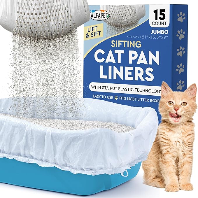 Alfapet Sifting Cat Litter Box Liners - Jumbo 15 Count, Pack of 5 - Tear-Resistant Cat Litter Bags, Waterproof Kitty Litter Liners, Fits Litterbox Pan Sizes X-Large, X-Giant, 37" x 18" 30 lb Capacity-Mewly Pet