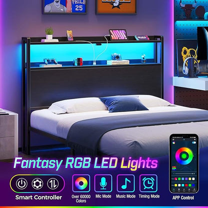 Rolanstar Headboard for Queen Size Bed with Storage, 60,000 DIY Color of LED Light, Head Board with USB & Type C Port, Height Adjustable, Black Cabeceras de Cama Comfortable Modern, Wood