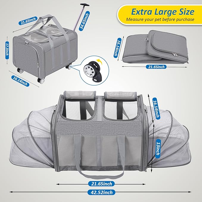 Expandable Pet Carrier with Wheels, Double Cat Dog Carrier 21"x 17"x 16" up to 40 Lbs, Rolling Pet Carrier for Cats and Dogs, Extra Large Pet Travel Carrier, Ideal for Outdoor/Travel-Mewly Pet