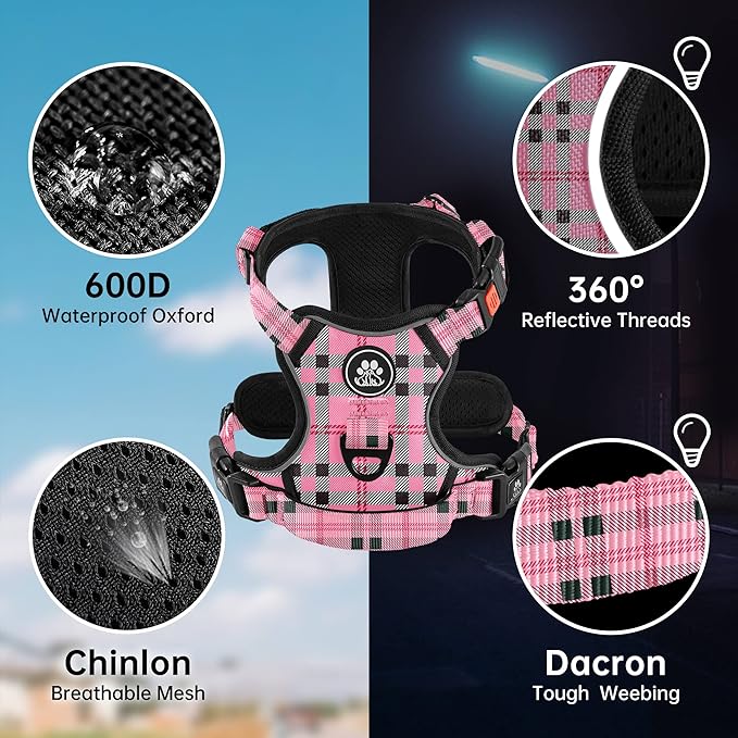 NESTROAD No Pull Dog Harness with Leash, Reflective No Choke Pet Vest Harness,Adjustable Soft Padded Dog Harness with Easy Control Handle for Small Dogs(Checkered Pink,Small)-Mewly Pet