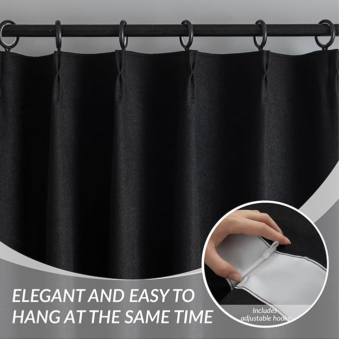 KangBang Black Pinch Pleated Curtains Blackout 84 Inch Length 2 Panels Set, Thermal Insulated Pleated Drapes with Hooks for Bedroom Living Room, Elegant Modern Window Panels, Black, 40Wx84L