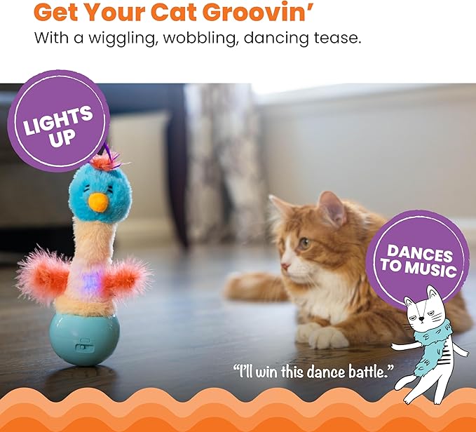 Catstages Electronic Dancing Ostrich Interactive Cat Toy, Wobbles and Plays Music, Battery Powered, Plush, Blue-Mewly Pet