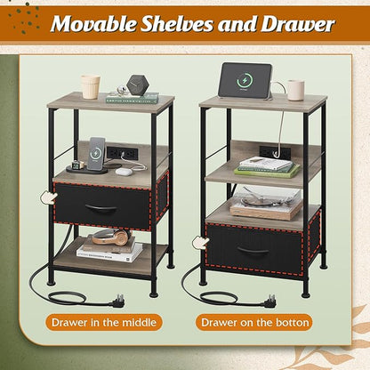 WLIVE LED Nightstand, Night Stand with Charger Station, Bedside Table with Fabric Drawer and Adjustable Open Shelves, Small End Side Tables for Bedroom, Grey