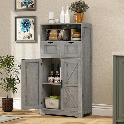 WEENFON Bathroom Cabinet, Storage Cabinet with 2 Adjustable Drawers & 2 Barn Doors, Standing Cupboard with 2 Shelf, Floor Cabinet for Living Room, Home Office, Kitchen, Grey