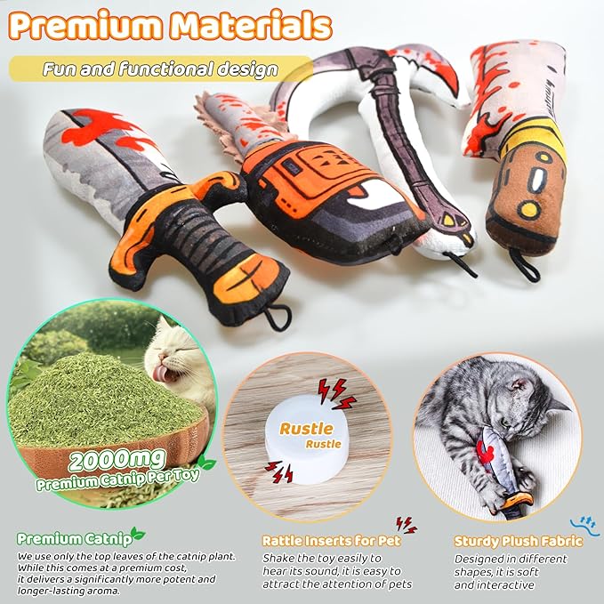 Cat Toys [8000mg Premium Catnip] Cartoon Colorful Style Horror Funny Knife Catnip Cat Toys Durable Rattle Sound Toy for All Cat Breeds Indoor Interactive Kitten Toys Get Bored Cats Active 4 PCS-Mewly Pet