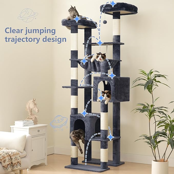 Hey-brother Tall Cat Tree Tower, Heavy Duty Scratching Posts with Large Platforms, Cozy Condos, Big Hammock, Toy Balls, Multi-Level Furniture for Indoor Adult Cats, 80.7 Inches, Smoky Gray MPJ039G-Mewly Pet