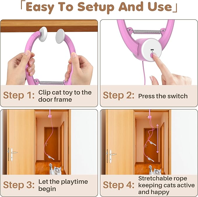 Interactive Cat Toys Rechargeable, Feather Toy for Indoor Cat, Hanging Retractable Teaser Toy, Automatic Kitten Play Chase Exercise Toys with Three Plush Mouse, USB Powered (Pink)-Mewly Pet