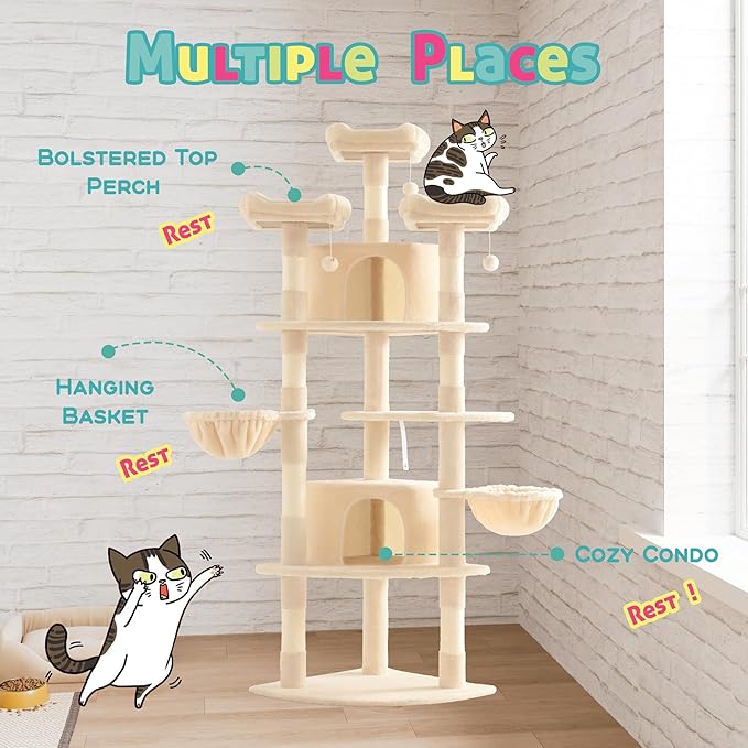 SHA CERLIN 73in Fan-Shaped Corner Cat Tower for Save Space/Multi-Level Tall Cat Tree for Indoor Kitties/Condo with Baskets/Cozy Perches/Sisal Scratching Posts/Pet Activity House/Beige-Mewly Pet