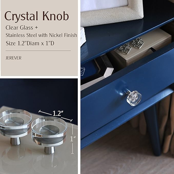 JEREVER 6 Pack Glass Crystal Knobs Brushed Nickel Drawer Pull Cabinet Handle for Dresser Kitchen (Round)