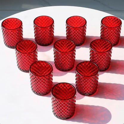 Woho Red Votive Candle Holders Bulk Set of 12, Glass Tea Lights Candle Holder for Wedding Table Centerpiece, Studded Diamond Tealight Candle Holder for Christmas Party Holiday Home Decor