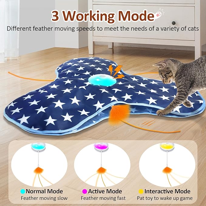 Interactive Cat Toy Rechargeable, Cat Exercise Toys for Indoor Bored Adult Cats, Hide and Seek Toy with Motion Activated, Moving Feather, Chirping-Mewly Pet