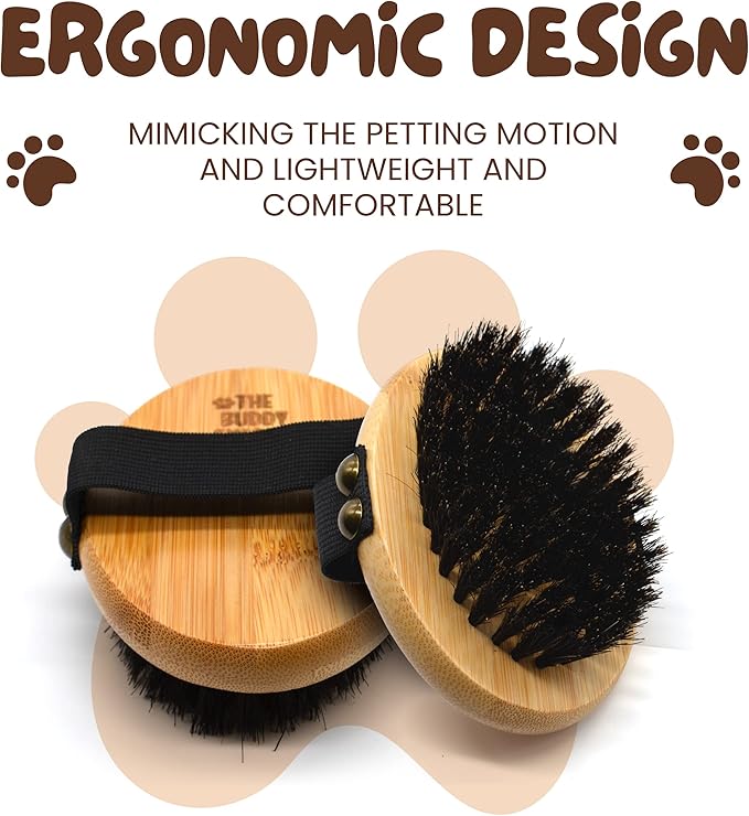 The Buddy System Pet Close Brush, Soft Touch Oval Palm Brush - Bamboo Massage Handheld with Soft Boar Bristles and Elastic Band for Dogs and Cats-Mewly Pet