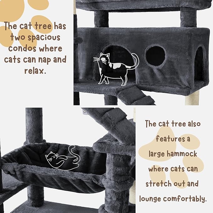 Cat Tree, 80-Inch Large Cat Tower with 9 Scratching Posts, 2 Perches, 2 Caves, 2 Basket, 2 Stairs, Extra Large Hammock, Pompoms, Multi-Level Plush Cat Condo for Indoor Cats/Smoky Grey-Mewly Pet