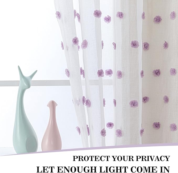 MYSKY HOME 108 Inch Curtains for Living Room Extra Long Purple Pom Pom Curtains for Bedroom 2 Sets Large White Sheer Curtains for Sliding Door Rod Pocket Backdrops Window Drapes 52 x 108 in