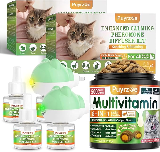 Cat 6-in-1 Calming Diffuser + Multivitamin 500 Chews for Cats – Stress Relief, Immune, Skin & Coat, Digestion, Brain & Bone Health for All Cats, 2 Diffusers + 4 Refills-Mewly Pet