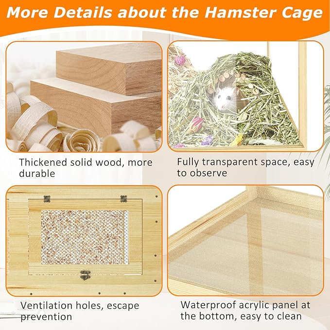Large Hamster Cage 40", Lockable Sliding Door Gerbil Cage, Dwarf Hamster Cage with Metal Mesh Roof, Mice and Rat Habitat, Chewproof Syrian Hamster Enclosure, (Wooden, 40" L x 20" W x 20" H)-Mewly Pet