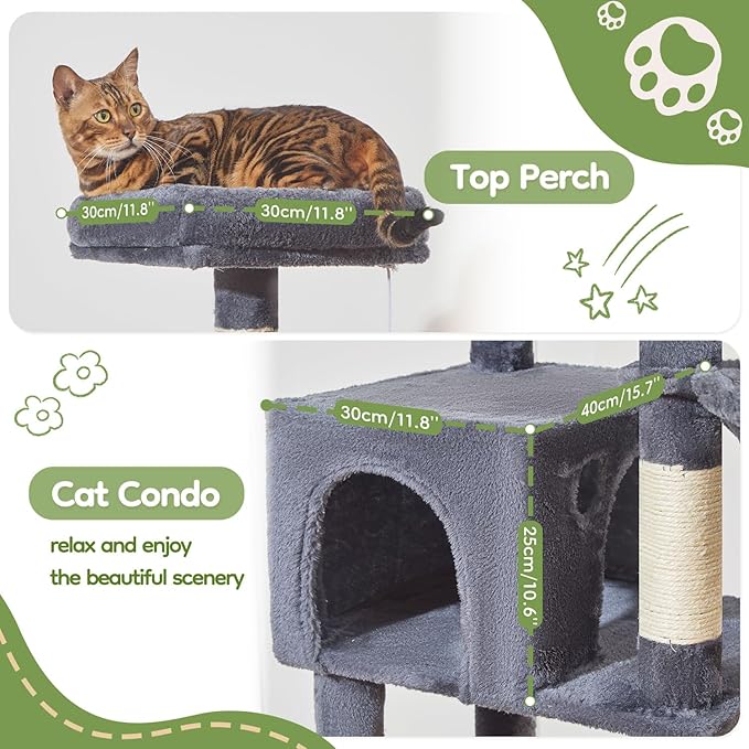 Taoqimiao MS042G Cat Tree,66-inch Large Cat Tower with Scratching Posts, Luxurious Large Platform for Big Cats with Soft Hammock, Adjustable Basket, Deluxe Cat Cando, Top Perch Smoke Gray-Mewly Pet