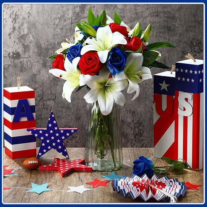 Hotop 20 Pcs Artificial Flowers Velvet Realistic Roses and Latex Lilies Flowers Bouquet Decorations Arrangements for Home Table Centerpieces Independence Day(Red,Blue,White)