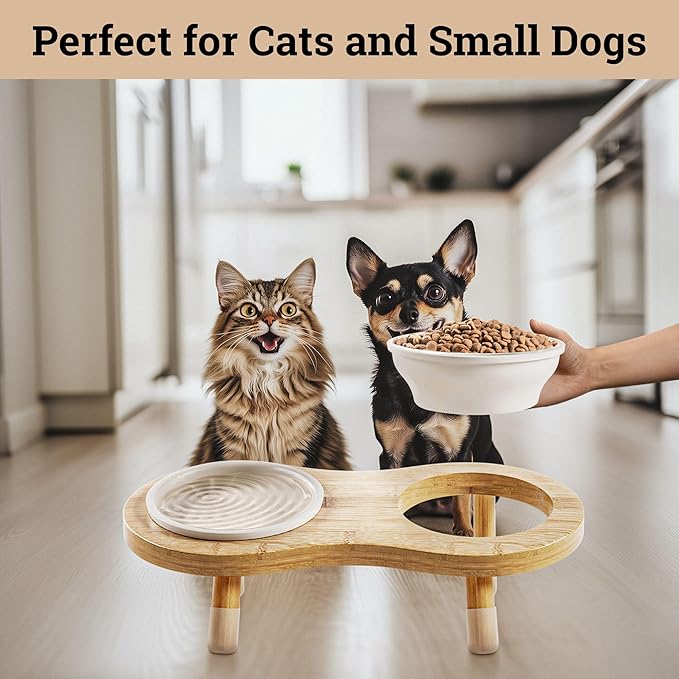 Elevated Cat Bowls - Set of 2 Ceramic Pet Food Bowls with Anti-Slip Bamboo Stand - 15 Degree Titled - Raised Dog Bowl for Small Dogs - Raised Cat Bowl Stand - Pet Feeding Station for Cats & Small Dogs-Mewly Pet