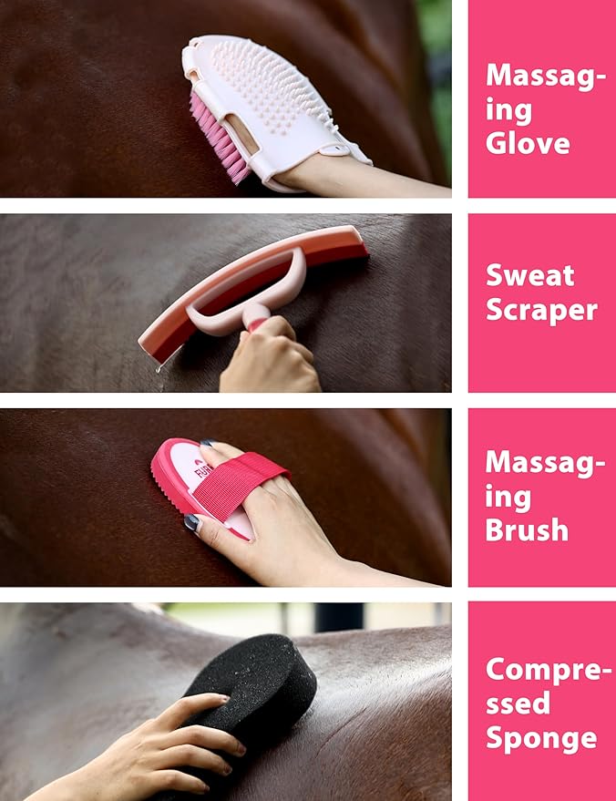 11PCS Horse Grooming Kit Curry Comb Sweat Scraper Horse Bathing Supplies Grooming Tools with Storage Bag Pink Garnet-Mewly Pet