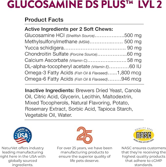 NaturVet – Glucosamine DS Plus - Level 2 Moderate Care – Supports Healthy Hip & Joint Function – Enhanced with Glucosamine, MSM & Chondroitin – for Dogs & Cats–120 Soft Chews-Mewly Pet