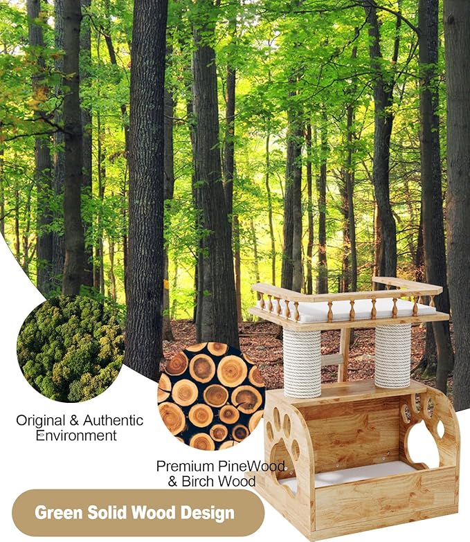 Modern Solid Wooden Cat Tree Tower, 25" Luxury Cats Trees Condo with Scratching Post, 2 Level Heavy Duty for Cat Tower Indoor Cats Adults, Natural Cats Tree House with Washable Cushions-Mewly Pet