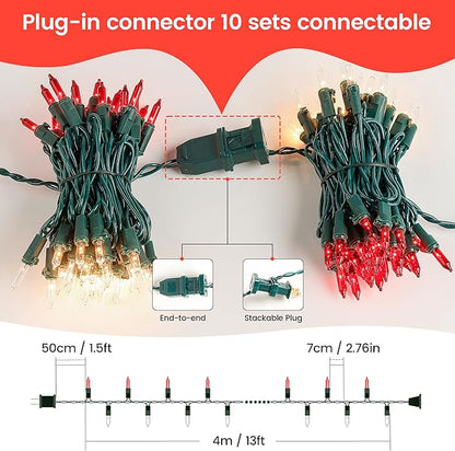 woohaha Mini Christmas Lights,2 Pack 13ft String Lights, 120V UL Plug Extendable Xmas Tree Lights for Christmas,Patio,Home,Party,Holiday,Garden,Indoor/Outdoor Decor(50 Count red Clear)