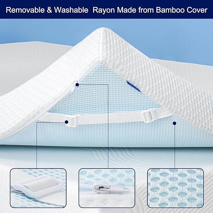 Subrtex 4 Inch Mattress Topper Cover (Only Cover) Mattress Topper Protector Bedding Rayon Made from Bamboo Removable Mattress Encasement with Zippers, Queen