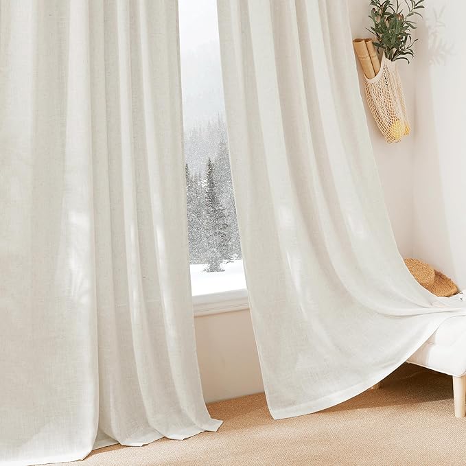 RYB HOME Natural Linen Sheer Curtains - Light Filtering Privacy Lightweight Wrinkle-Resistant Boho Farmhouse Grommet Panels for Living Room Kitchen Bedroom, W 60 x L 90 inches, Linen, 1 Panel