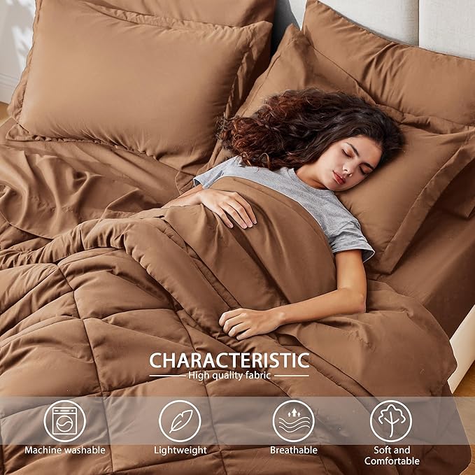 Love's cabin California King Comforter Set Mocha Mousse, 7 Pieces California King Bed in a Bag, All Season Bedding Sets with 1 Comforter, 1 Flat Sheet, 1 Fitted Sheet, 2 Pillowcase and 2 Pillow Sham
