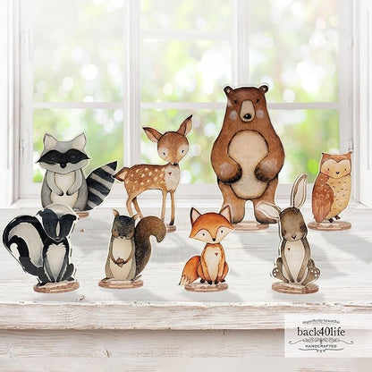 Back40Life Forest Critters Painted Wooden Animal Cutout Shapes (Acrylic Medium + Stands (Bundle of 8))