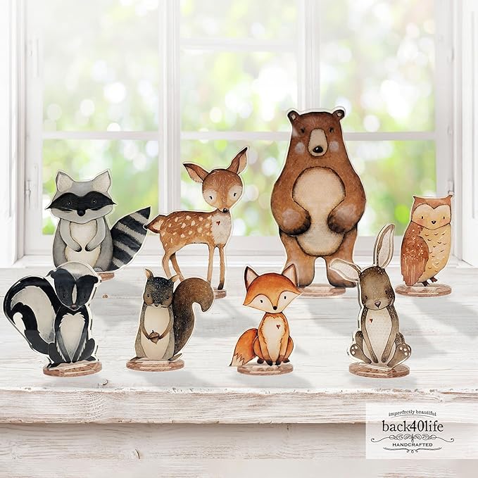 Back40Life Forest Critters Painted Wooden Animal Cutout Shapes (Acrylic Small + Stand (Bundle of 8))