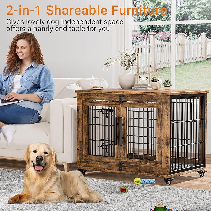 Lulive Dog Crate Furniture Set of 2, Dog Kennel Indoor Double Doors Wooden Dog Cage, 32'' Heavy Duty Dog Crate with Cushion & Wheels, End Table Pet House Chew-Resistant Up to 45 lb, Rustic Brown-Mewly Pet