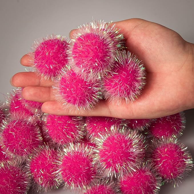 VAPKER 30 Pcs Cat Ball Toys Sparkle Balls Extra Large 2 Inch Cat's Favorite Chase Glitter Ball Glitter Tinsel Pom Poms Balls Hot Pink Color-Mewly Pet